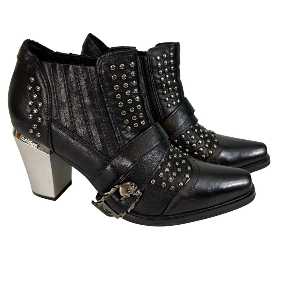 Ankle Boots Womens 9.5 Black Leather Bull Studded Skull Buckle Block Heel Gothic